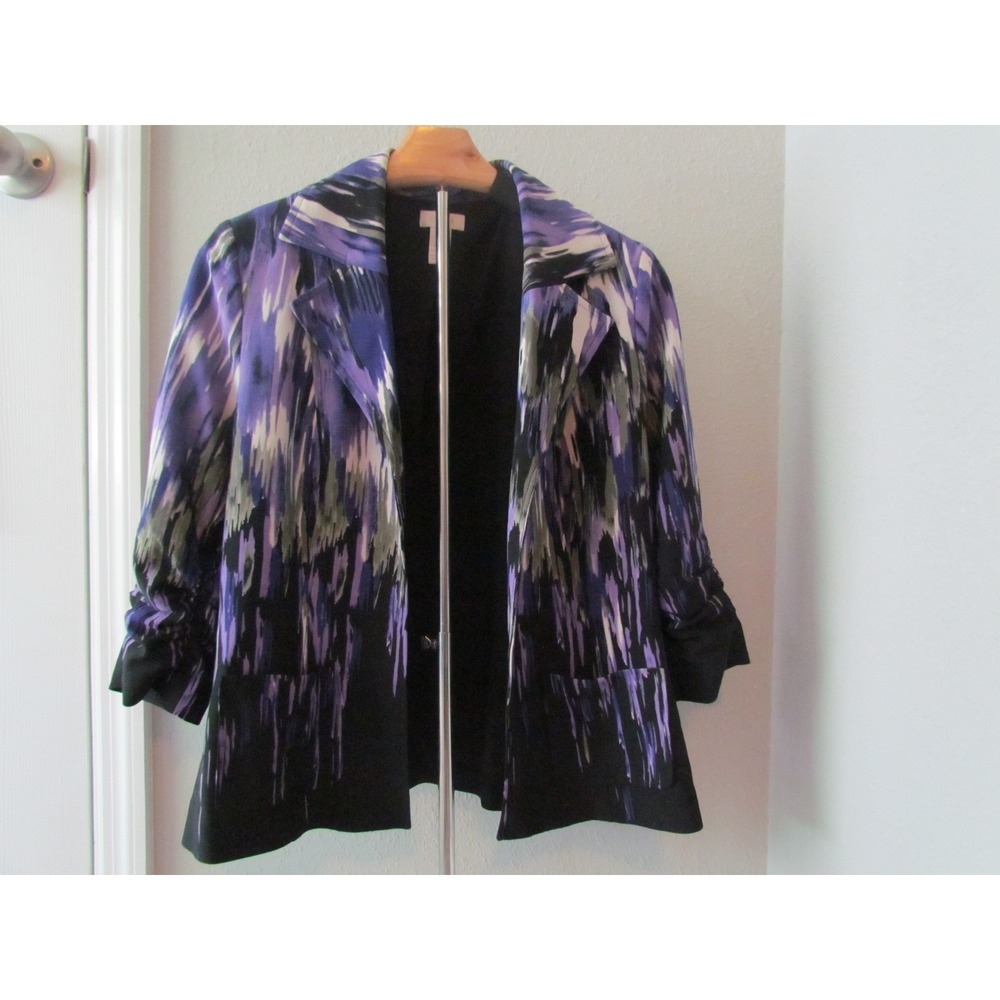 Chico's Open Front Blazer 0 S Small Purple Abstract Ruched Sleeve Lightweight